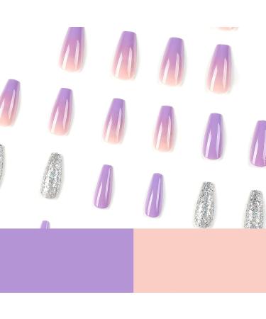 24Pcs Purple Glitter Gradient Coffin Press-on Nails | False Nails Set for Women & Girls with Nail Glue - Acrylic Stick-on Nails for Stunning Nail Decor - Buy Online on GoSupps.com