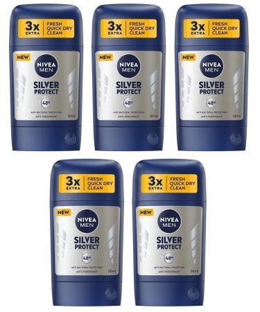 5x Nivea Silver Protect Anti-perspirant Deodorant Solid Stick for Men 5x50ml (Pack of 5)