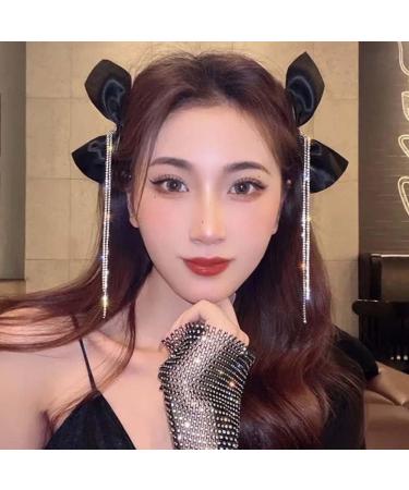 Black Rhinestone Chain Tassel Hair Clip - Korean Style Bow Barrette - Buy Online on GoSupps.com