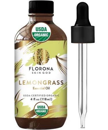 Florona Lemongrass Essential Oil USDA Organic - 4 fl oz, Therapeutic Grade for Hair Care, Skin Care,Diffuser Aromatherapy - 4 fl oz Lemongrass USDA