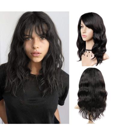 WIGNEE 100% Virgin Human Hair Natural Wave Wigs with Bangs Brazilian Human Hair Wave Wigs Natural Black Color (16 Inch) 16 Inch (Pack of 1)