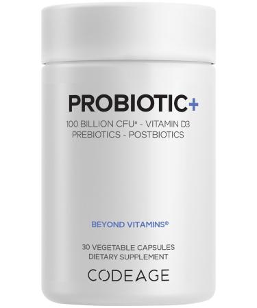 Codeage Probiotic+ 100 Billion CFU Supplement - 12-Strain Probiotic Blend Organic Prebiotic Fiber Postbiotics Vitamin D3 Zinc Bisglycinate Quercetin - for Men & Women - Non-GMO- 30 Capsules