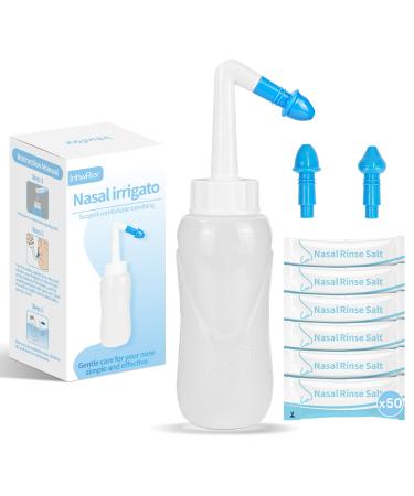 InhwRior Nasal Irrigation Bottle 300ml Manual Sinus Rinse Kit with 50 Packs Powder (2.7g/300ml) 2 Nozzles Easy to Use Gentle and No Burning