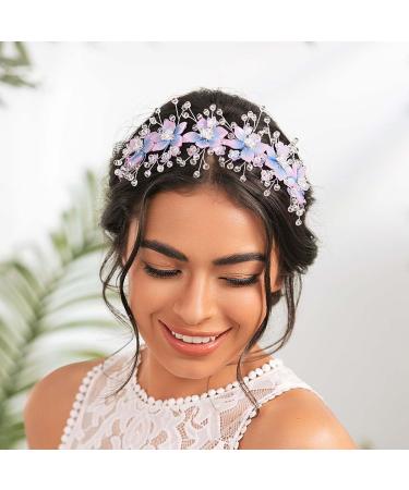 IYOU Floral Wedding Headbands Purple Sparkly Crystal Headpiece Birthday Bridal Wedding Hair Hoop for Flower Girls - Buy Online on GoSupps.com