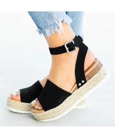 Ladmiple Women's Wedge Sandals - Dressy Comfy Slip-On Ankle Buckle Sandals | Open Toe Platform for Summer Beach - Size 9, Black - Buy Online on GoSupps.com