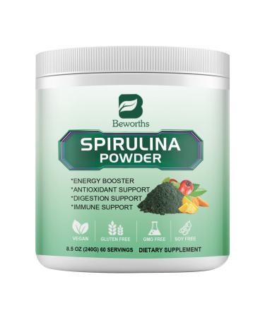 B BEWORTHS Organic Spirulina Powder Super Green Powder Juice & Smoothie Mix with Spirulina Chlorella Wheat Grass Digestive Enzymes & Probiotics for Immune Support Digestion Health -Vegan 8.40 Ounce (Pack of 1)