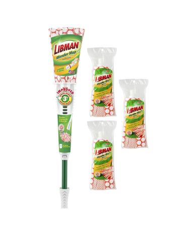 Libman Wonder Mop & Refills Kit  for Tough Messes and Powerful Cleanup  Easy to Wring, Long Handled Wet Mop for Hardwood, Tile, Laminate. Includes Three Replacement Heads, Machine Washable, 62 Inch