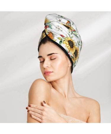 Hair Towel Wrap - Quick Drying Turban with Button | Sunflower Leaves & Birds Design - Buy Online on GoSupps.com