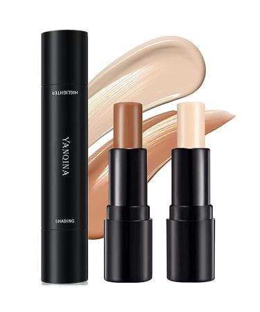 Upgrade Contour Stick 2 in 1 Double-Ended Concealer Highlighter Stick Professional Cream Bronzer Contour Stick Longlasting Face Body Contour Makeup (#01 Ivory+dark brown)