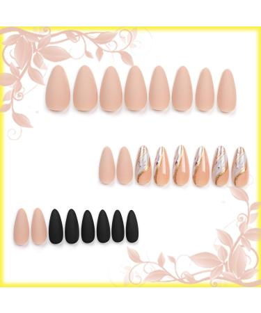 24 PCS Marble Press on Nails - Glossy Brown Glitter & Gold River Design | Sparkly Acrylic Medium Almond Fake Nails for Women & Girls - Buy Online on GoSupps.com