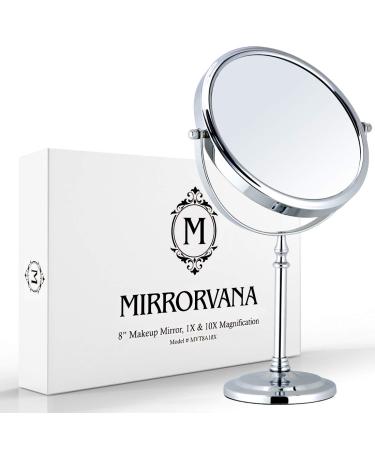MIRRORVANA Large Double Sided 10X and 1X Magnifying Makeup Mirror with Stand in Gift Box  15-Inch Height and 8-Inch Wide 8-Inch Magnifying Mirror