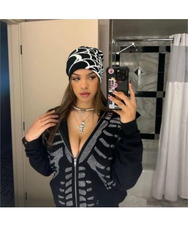 Pooyikoi Y2K Gothic Spider Pattern Wool Acrylic Knitted Beanie Hat - Unisex Winter Hat - Buy Online on GoSupps.com