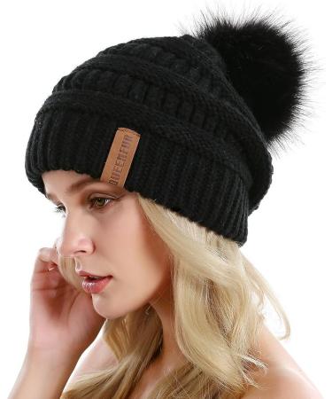QUEENFUR Women's Slouchy Beanie with Faux Fur Pompom - Black | Winter Ski Cap - Buy Online on GoSupps.com