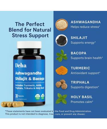 Ashwagandha Shilajit Bacopa Capsules Stress Support, Cognitive Support, Digestive Health with Turmeric, Amla & Triphala GMP Certified, Non-GMO, Vegan 30 Count - Buy Online on GoSupps.com