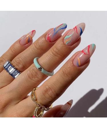 JUSTOTRY 24 Pcs Flame Rainbow Oval False Nails Short Multi Colour French Press on Nails Pattern Fake Nails Short with Nail Glue Almond Stick on Nails for Women Nails Fake Nail for Nails Art Iridescent O2