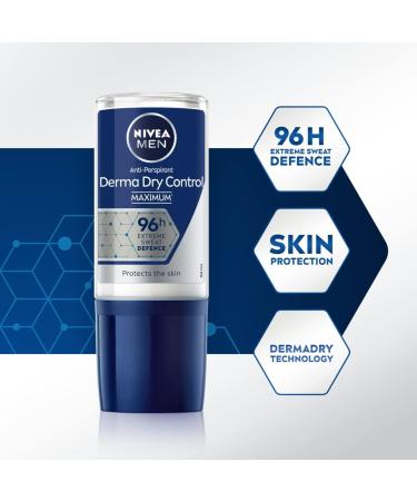 NIVEA MEN Derma Dry Control Antiperspirant 96h Deodorant Roll-On (50 ML) Strong Mens' Deodorant with Extreme Sweat and Odour Defence and Skin Protection - Buy Online on GoSupps.com