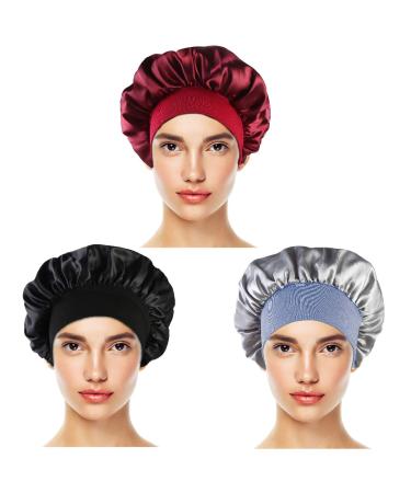 Wallfire Night Caps Satin Wide-Brimmed Sleeping Head Cover 3 Packs Ladies Satin Night Cap Hood Wash Cap Elastic Side Shower Cap Comfortable and Practical Wine Red+black+silver