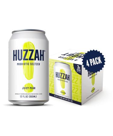 HUZZAH - A Healthy Sparkling Seltzer Water, Probiotic Drink - Juicy Pear - 4 Pack - Low Calorie & Low Sugar Bubbly Water Drink, Vegan and Gluten Free, 12 Fl. Oz Cans 12 Fl Oz (Pack of 4)