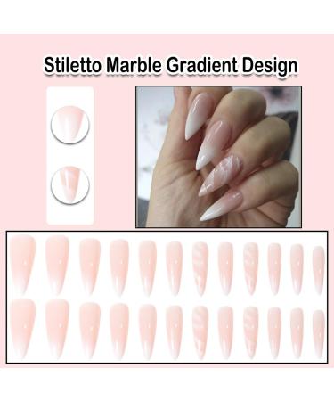 French Tip Press on Nails - Stiletto Ombre White Pink - Short Medium Fake Nails with Marble Gradient - Acrylic False Nails for Weddings - Glue Included - Buy Online on GoSupps.com