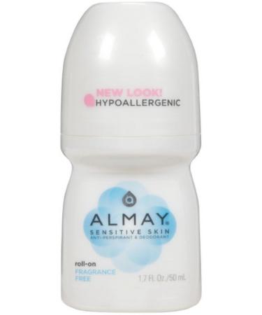 Almay Anti-Perspirant& Deodorant Sensitive Skin Roll-On Fragrance Free 1.7 oz (Pack of 4)