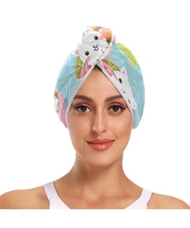 Cute Cartoon Cat Hair Towel 2 Pack Super Absorbent Hair Drying Towel Quick Dry Hair Turbans Head Towel with Button Twisty Wrap for Women Girls