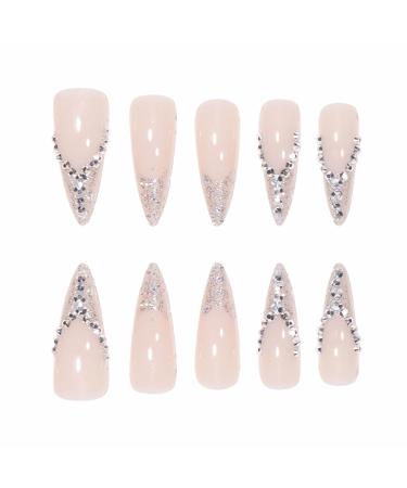 BABALAL Long Stiletto Press on Nails - Silver French Tip Glitter Acrylic Nails with Rhinestones | Manicure Set for Women & Girls - FNI16sliver - Buy Online on GoSupps.com