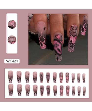 Halloween Press on Nails - Long Coffin Pink Glitter False Nails with Ghosts Hearts Flames & Spiders - Full Cover Acrylic Stick on Nails for Women - Pack of 24 - Buy Online on GoSupps.com