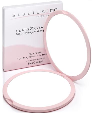 StudioZONE Compact Mirror for Purses - 10X Magnifying Mirror - Pink Compact Mirror - Perfect Magnification for Travel - 2-Sided - 10X Makeup Mirror and 1x True View - Gifts for Women  4" Diameter