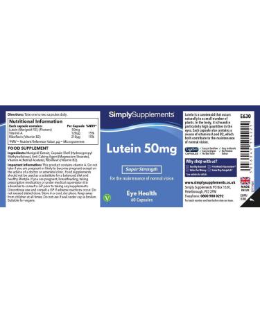 Lutein 50mg Capsules - 60 Vegan Capsules for Eye Health - Up to 2 Months Supply - SimplySupplements - International Shipping Available - Buy Online on GoSupps.com