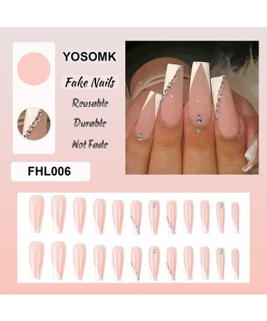 YOSOMK French Tip Press on Nails Long with Rhinestones - Pink & White Coffin Artificial Nails for Women - Buy Online on GoSupps.com