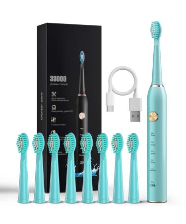 USB Rechargeable Sonic Electric Toothbrush for Adults Powered Motor Soft Dupont Brush Heads 2 Minutes Timer 5 Modes Teeth Whitening Green