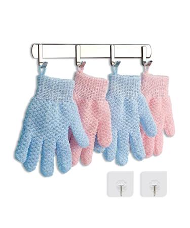 Exfoliating Bath Gloves for Shower  Spa  Body Scrub and Full Body Massage  Bath Glove with Hanging Loop (2 Pcs Blue  2 Pcs Pink)  2 Pcs Self-Adhesive Hook
