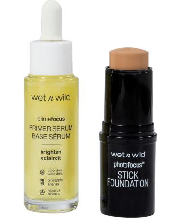 Wet n Wild Glow Me Up Set Make-up Set with Brightening Face Primer Serum & Photo Focus Stick Foundation in Soft Beige Shade Face Make-up Set for Radiance Boost and Intense Moisture - Buy Online on GoSupps.com