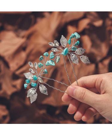 Jeairts Turquoise Hair Pins Silver Leaf Wedding Hair Pieces Glitter Rhinestone Headpiece Hair Clips Crystal Bridal Hair Accessories for Women and Girls(Pack of 2) - Buy Online on GoSupps.com