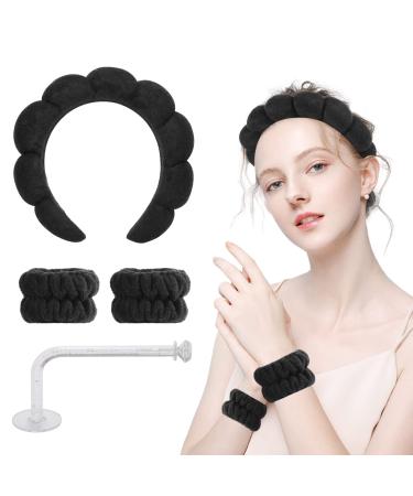 Hope&Luck Sponge 4Pcs Spa Headband for Women  Headband and Wristband Set for Washing Face  Terry Cloth Spa Headband Black Sponge Spa Headband Bubble headband