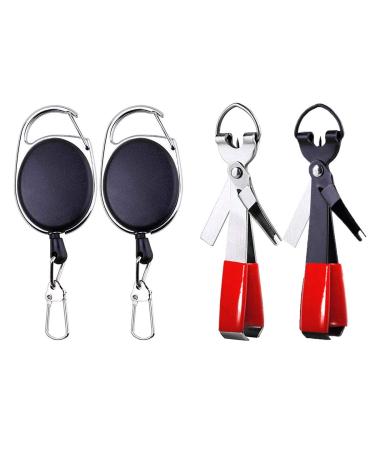 HiBD Fishing Quick Knot Tying Tool Stainless Steel 4 in 1 Tool Including Quick Knot Knotter Fly Line Clippers Hook Sharpener Hook Eye Needle with Zinger Retractor 2sets(Silver body red grips + Black body red grips)