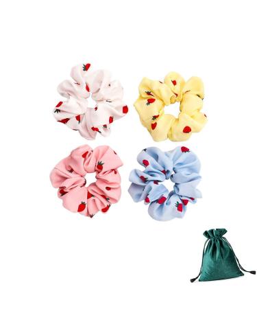 4 Pcs Hair Scrunchies with Strawberry Printed Cute Hair Bands Elastic Hair Ties Scrunchy Ponytail Holder for Women