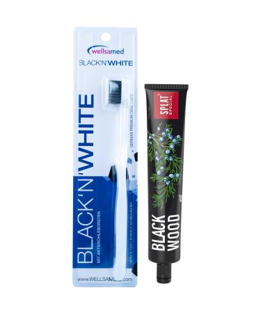 Wellsamed savings set with 1 piece Black'n White activated carbon toothbrush and 1 piece of Splat Blackwood Whitening toothpaste for a bright smile
