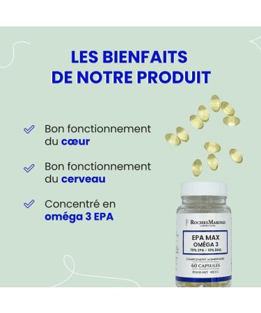 Roches Marines - EPA Max Omega 3 Dietary Supplement - 70% EPA - 10% DHA - Rich in Omega 3 EPA - Good Brain and Heart Function - Good Vision - 60 Capsules - Developed in France - Buy Online on GoSupps.com
