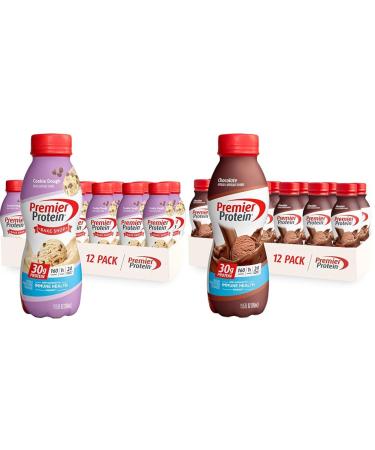 Premier Protein Shake Cookie Dough & Chocolate 30g Protein 11.5 Fl Oz (12 Pack) 1g Sugar