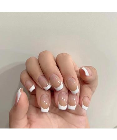 French Short False Nails 48Pcs - Nude White Press on Nails with Designs for Women & Girls - Buy Online on GoSupps.com