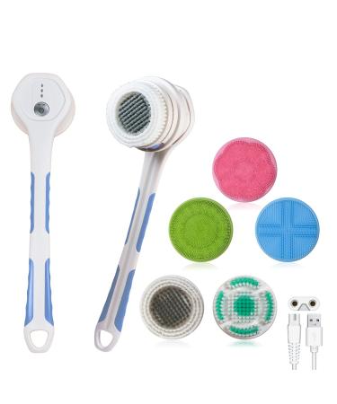 A2k Twenty Electric Massaging Bath Back  Face  Body & Feet Brush 5 Removable Silicone & Soft Bristle Brush Heads  Detachable for Face  USB Rechargeable  Waterproof (Blue)