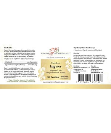 Buy Premium Ginger Tablets 450mg - 105 Vegan Tablets from Austria | Pure Zingiber Officinale | No Additives Herbal Supplement - Buy Online on GoSupps.com
