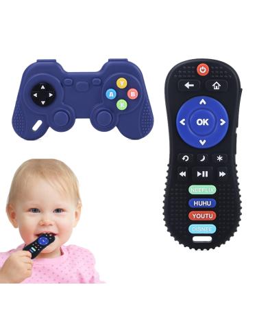 PlamPlam Baby Teether Toys - TV Remote Control and Gamepad Shape Silicone Toddler Teething Pacifiers Girl Boy Teethers for Babies 3 6 12 Months (Black+Blue) Black Remote + Blue Gamepad