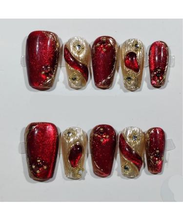 Handmade Nail Art New Red Cat Eye New Year Long Fake Nails Reusable Nails Tips Full Cover Glitter (Size : S)
