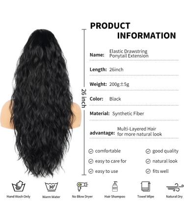 26 Inch Black Ponytail Extension Long Wavy Hair Extensions Synthetic Long Hair Pieces for Women Soft Natural Pony Tails Extensions Drawstring Ponytail Hair Extension for Daily Use (Color: Black) Drawstring-Black - Buy Online on GoSupps.com