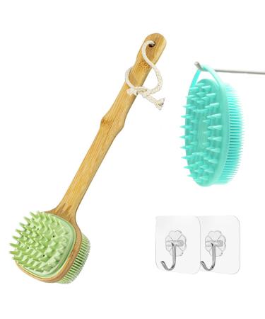 Back Scrubber for Shower with 2 in 1 Bath and Shampoo Brush  Bath Brush Dual-Sided Long Handle Back Scrubber Body Exfoliator for Wet or Dry Brushing (Green)
