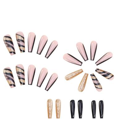 Justotry 24 Pcs Leopard Coffin Nails - Long Black French Press on Nails with Gold Glitter | Ballerina Artificial Nails for Women - Buy Online on GoSupps.com