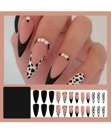 Justotry 24-Piece Cow Print Stiletto Press-On Nails | Black French Artificial Nails & Matte Almond Art | Trendy Fingernails for Women - Buy Online on GoSupps.com