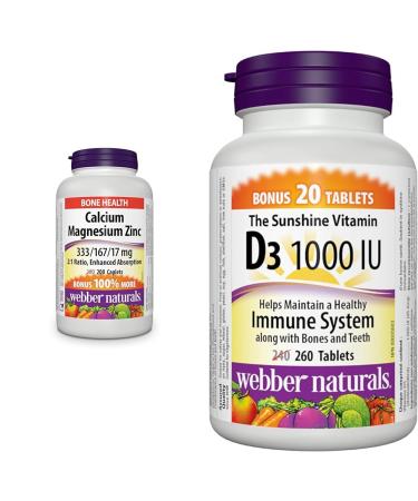 Webber Naturals Calcium with Magnesium and Zinc 200 Caplets Enhanced Absorption & Vitamin D3 1000 IU 260 Tablets For Healthy Bones Teeth and the Maintenance of Good Health